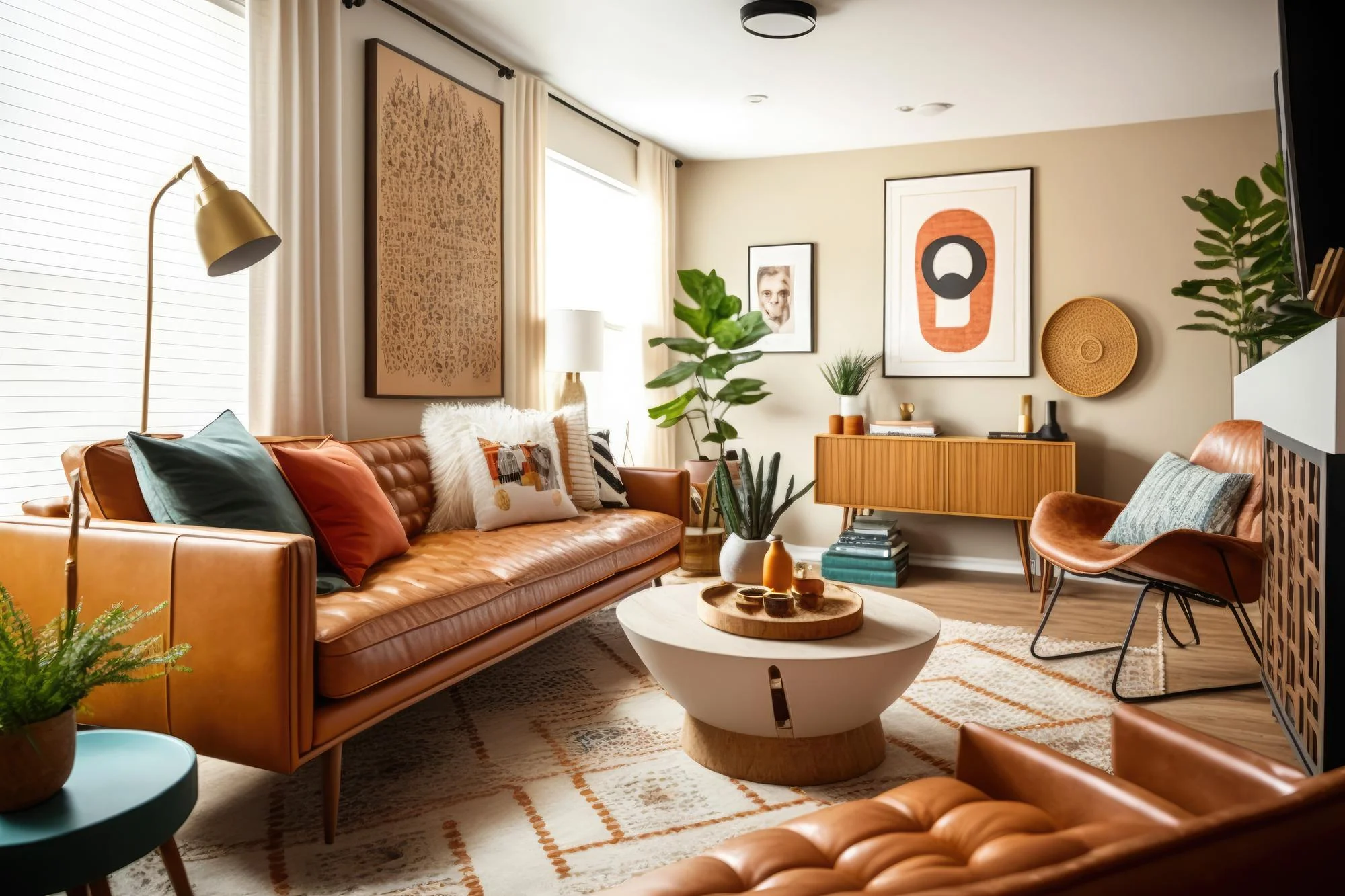 living room mid century style with warm colors ai generative 4