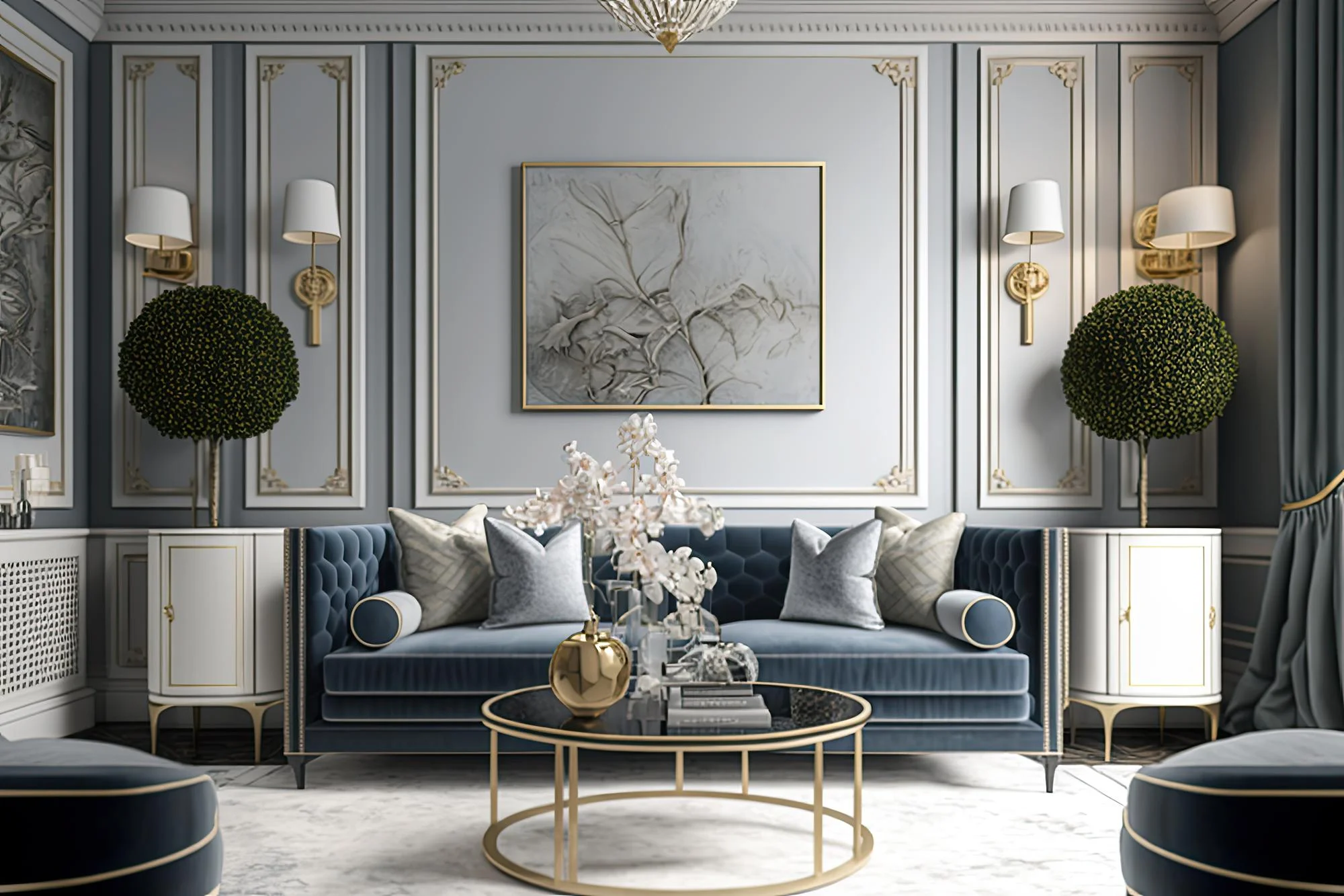 living room with blue sofa gold coffee table