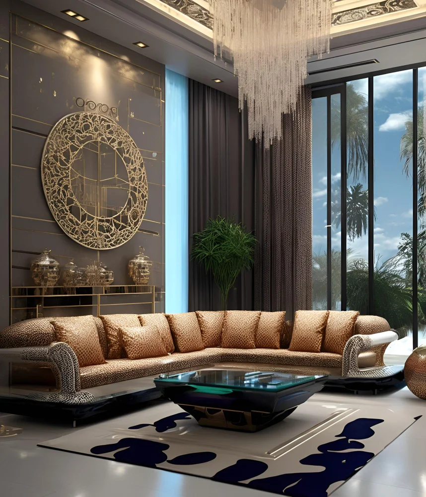 photo cozy living room featuring plush couch elegant table sparkling chandelier